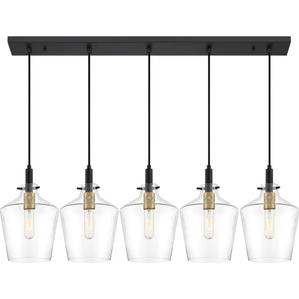 The June's minimalist charm is enhanced by simple industrial details. A subtly tapered clear glass shade beautifully showcases the painted brass sockets, which pop against the deep earth black finish. Choose from a variety of configurations and adjust the cable to your desired height.