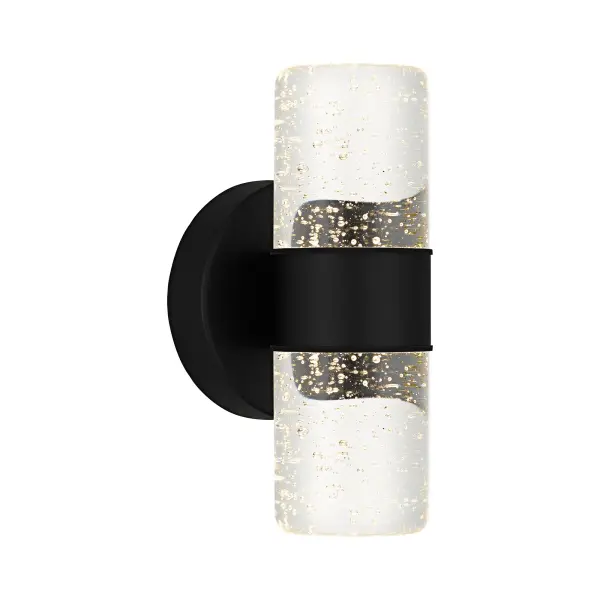 Kaia outdoor wall lanterns add a touch of contemporary style to your home's exterior. The sleek silhouette is finished in matte black and complemented by clear bubble glass, allowing the integrated LED light source to shine through brilliantly. Flank your front door with a pair of Kaia wall lights - or use as a porch light to create the perfect outdoor setting. Kaia would also look great inside your home as a wall sconce.