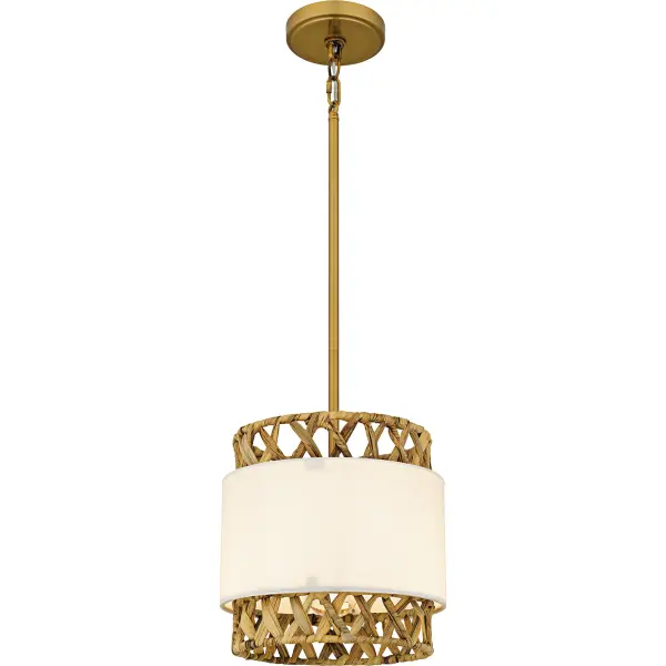 Part of the Quoizel Naturals series, Kate makes a distinctive statement with its combination of rattan and fabric shades. Finished in brushed gold, Kate embodies coastal style with its natural and elegant design elements. Available as a pendant, mini pendant, or ceiling fan light, the Kate collection offers versatile options to enhance a variety of spaces. Whether you’re looking to add a touch of coastal charm to your dining area, kitchen, or living room, the Kate provides both style and functionality, seamlessly blending with your interior decor.