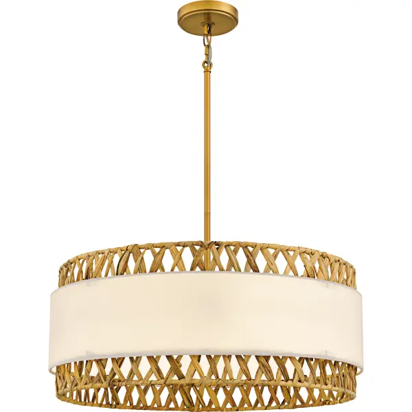 Part of the Quoizel Naturals series, Kate makes a distinctive statement with its combination of rattan and fabric shades. Finished in brushed gold, Kate embodies coastal style with its natural and elegant design elements. Available as a pendant, mini pendant, or ceiling fan light, the Kate collection offers versatile options to enhance a variety of spaces. Whether you’re looking to add a touch of coastal charm to your dining area, kitchen, or living room, the Kate provides both style and functionality, seamlessly blending with your interior decor.