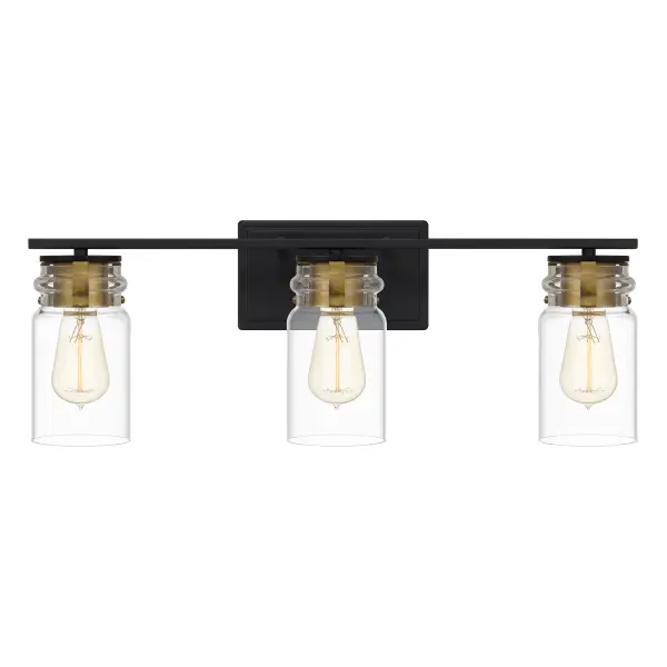 The Keesey bath light is a natural fit for mid-century-inspired design schemes. With a masculine edge, thanks to its matte black, metal construction, this light also features brass-toned accents for a hint of luster. Orient the clear glass shades up or down to suit your distinctive style.