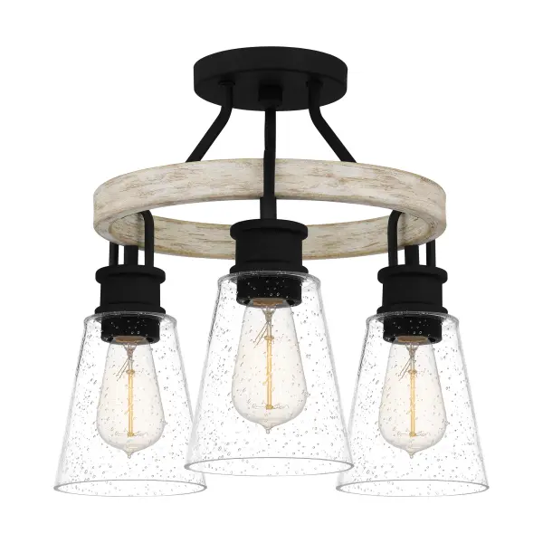 As a linear island light, Kingsbridge dazzles with a tidy row of seeded glass shades, complemented by wood and iron. It’s also available as a semi-flush mount or chandelier, offering a softer, circular shape crafted from the same time-tested materials. An earth black finish completes the look and adds in an industrial touch.