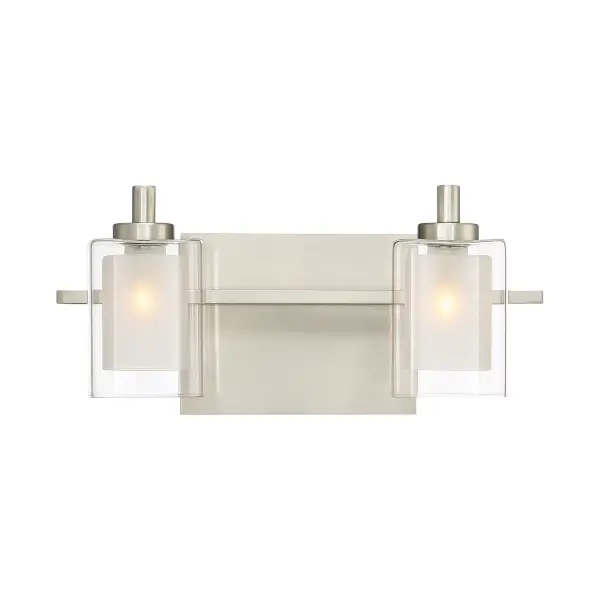 This modern posh collection features a simplistic design with a brushed nickel finish. The inner heavy glass is sand-blasted inside and encased within outer clear glass for a sophisticated and stunning look. Collection: Kolt Rooms: Bathroom Finish: Brushed Nickel Glass: Clear Glass Width: 13.00" Height: 6.00" Length: 6.25" Weight: 3.70 lb Extension from Wall: 6.25" Wire: 6" Canopy: 6.000"x4.500" Bulbs Included Number of Bulbs: 2 Maximum Wattage: 4.50 W Bulb Base: G9 Light Source: LED Light Output: 400.00 lm Color Temperature: 3000 K CRI: 90 Voltage: 120.00 V Material: Steel Safety Listing: ETL Safety Rating: ETL Switch: None Manufacturer Warranty: Product Warranty: Limited Warranty Spec Sheet Instructions Parts Diagram