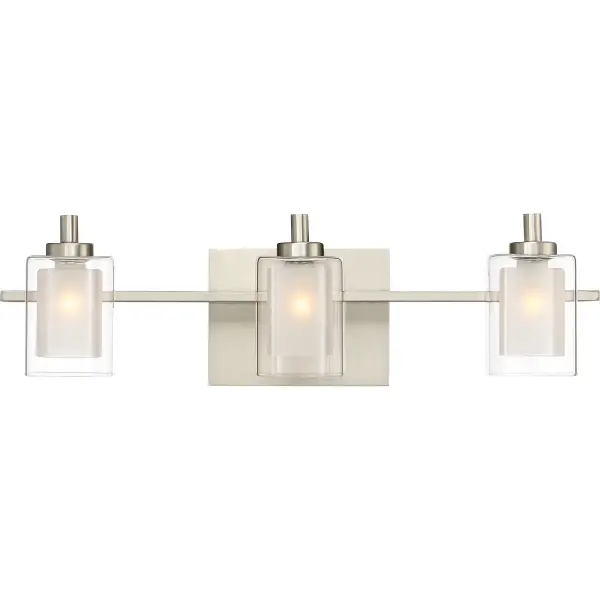 This modern  posh collection features a simplistic design with a brushed nickel finish.  The inner heavy glass is sand-blasted inside and encased within outer clear glass for a sophisticated and stunning look.