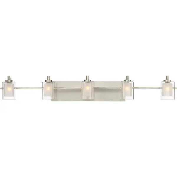 This modern posh collection features a simplistic design with a brushed nickel finish. The inner heavy glass is sand-blasted inside and encased within outer clear glass for a sophisticated and stunning look. Collection: Kolt Rooms: Bathroom Finish: Brushed Nickel Glass: Clear Glass Width: 42.00" Height: 6.00" Length: 6.25" Weight: 10.00 lb Extension from Wall: 6.25" Wire: 6" Canopy: 17.500"x4.500" Bulbs Included Number of Bulbs: 5 Maximum Wattage: 4.50 W Bulb Base: G9 Light Source: LED Light Output: 400.00 lm Color Temperature: 3000 K CRI: 90 Voltage: 120.00 V Material: Steel Safety Listing: ETL Safety Rating: ETL Switch: None Manufacturer Warranty: Product Warranty: Limited Warranty Spec Sheet Instructions Parts Diagram