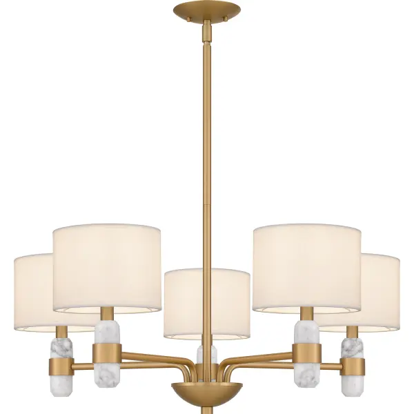 Part of the Quoizel Naturals collection, Kimberly elevates traditional design style with the use of natural elements. The brushed weathered brass finish is adorned with egg shell fabric shades and real white marble accents, adding a unique twist to the classic silhouette. Choose the five-light chandelier, perfect over a kitchen table or in a breakfast nook - or add easy style to any hallway or bathroom with the Kimberly wall sconce.