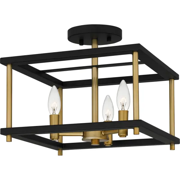 The Kynwyd semi-flush mount illuminates contemporary style with a high-drama matte black and gold palette. Also available as a pendant, this design features an open framework and shining candle cups. Affix Kynwyd in an entryway, powder room, or dining room to make a sleek statement.
