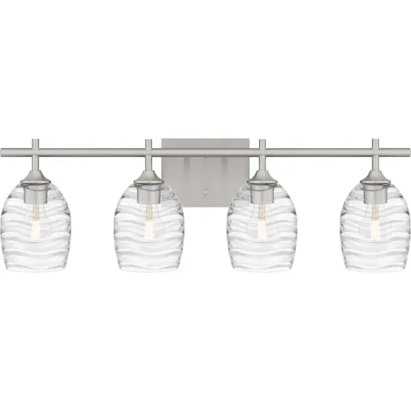 Clear optic glass shades feature a rippling, wavelike pattern that evokes serene movement in the Lucy bath light. Clean lines and your choice of matte black or brushed nickel finish complete the look, making Lucy a perfect complement to transitional or coastal inspired bathroom vanity settings. Install with shades facing up or down - whichever best suits your preference. Collection: Lucy Rooms: Bathroom Finish: Brushed Nickel Glass: Clear Optic Glass Width: 29.00" Height: 9.25" Length: 6.50" Weight: 7.80 lb Extension from Wall: 6.50" Wire: 6" Canopy: 6.500"x5.000" Number of Bulbs: 4 Maximum Wattage: 100.00 W Bulb Type: E26 Bulb Base: Medium Voltage: 120.00 V Material: Steel Safety Listing: ETL Spec Sheet Instructions