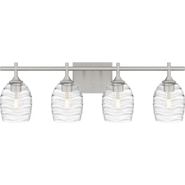 Clear optic glass shades feature a rippling, wave-like pattern that evokes serene movement in the Lucy bath light. Clean lines and a matte black finish complete the look, making Lucy a perfect complement to transitional or coastal inspired settings. Install with shades facing up or down - whichever best suits your preference.