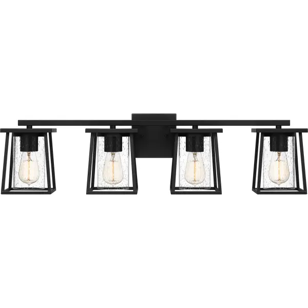 The Lodge collection offers a simplistic design with unique glass that makes a statement all on its own. Cylindrical clear seeded glass shades are showcased in a sleek, industrial styled Matte Black frame. Choose from the many size options in this collection to enhance your home bath decor.