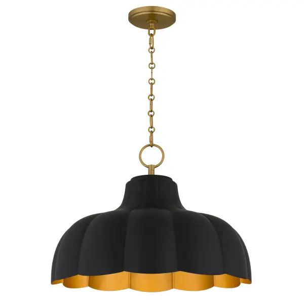 Bathe your space in the warm, golden glow of the Leanne Pendant Light—a timeless piece where classic form meets modern charm. With its gracefully contoured metal shade, the Leanne is finished in a rich matte black that exudes quiet sophistication. Inside, a surprise awaits: a brushed brass interior that captures and reflects light like the soft flicker of candlelight, casting a warm, romantic ambiance. Suspended from a delicate chain with golden links, the Leanne sways gently with the rhythm of the room—perfect for intimate dinners, cozy reading nooks, or serene bedrooms.