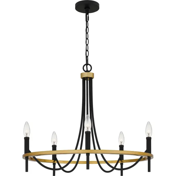 Dinner parties ahead. The Legare chandelier or island light invites conversation and ambience beneath its curved lines and classic matte black finish. Soft gold accents add tasteful luminosity and luster.