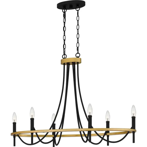 Dinner parties ahead. The Legare chandelier or island light invites conversation and ambience beneath its curved lines and classic matte black finish. Soft gold accents add tasteful luminosity and luster.