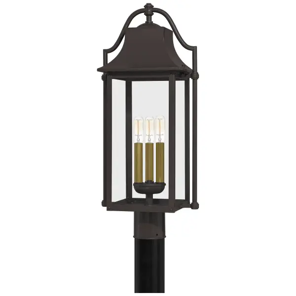 The Manning post mount brings old gaslight elegance to outdoor spaces with its Western Bronze finish and Weathered Brass candle sleeves. Clear glass panels showcase the interior detail while Coastal Armour aluminum construction ensures durability.