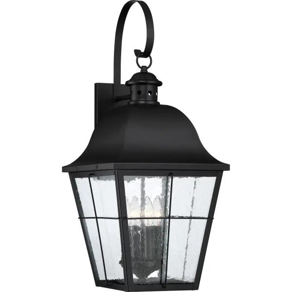 With simple details and traditional style  the Millhouse outdoor collection is perfect for understated  elegant lighting.  The design features clear seedy glass that diffuses the light in a soft  tranquil way and the rich Mystic Black finish completes the look.