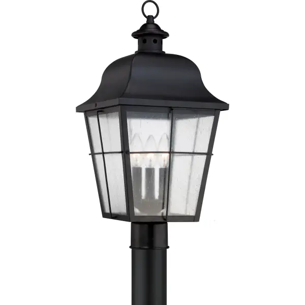 With simple details and traditional style  the Millhouse outdoor collection is perfect for understated  elegant lighting.  The design features clear seedy glass that diffuses the light in a soft  tranquil way and the rich Mystic Black finish completes the look.