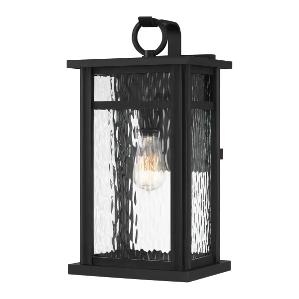 Create a strong first impression with the Moira collection of outdoor lanterns. The rectangular frame and clear water glass shades create a transitional feel that complements any modern farmhouse or coastal style home. Lanterns are finished in an Earth Black finish.  Moira comes in many options including a hanging lantern, wall lanterns, and post lantern to round out your home's exterior.