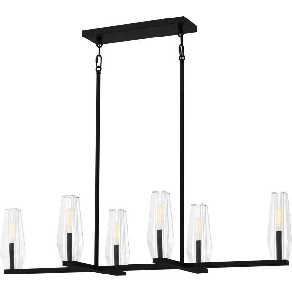 Clear crystal glass shades add elegance and luxury to the Malamute island light. The open linear framework is simple yet sophisticated with a classic matte black finish. Hang the Malamute chandelier over any kitchen island, table, or bar area for a glamorous one-of-a-kind statement piece.