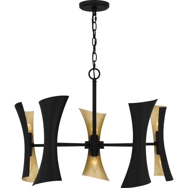 Black and gold create a beautiful and modern pairing in Myla. The unique design features geometric metal panels that are matte black on the outside and gold on the inside for a glamorous effect. Available as a chandelier or pendant light, Myla makes a one-of-a-kind statement in a variety of interior settings.