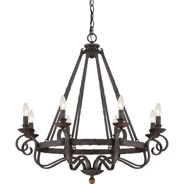 Classic and timeless  Noble is a nod to European design.  The speckled Rustic Black features many dark tones combined to create a roughly textured finish on the surface that highlights every mark of the hammered metal.  The candelabra holders are made of solid wood and stained a dark walnut to coordinate with the overall theme of old world style and charm.