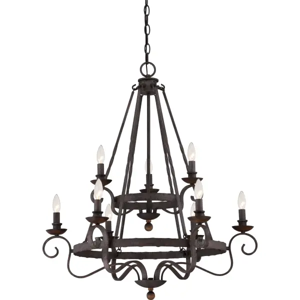 Classic and timeless  Noble is a nod to European design.  The speckled Rustic Black features many dark tones combined to create a roughly textured finish on the surface that highlights every mark of the hammered metal.  The candelabra holders are made of solid wood and stained a dark walnut to coordinate with the overall theme of old world style and charm.