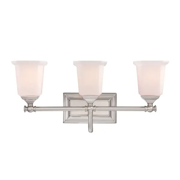 This gleaming collection gives a solid nod to mid century style. The squared shape of the opal etched glass shades gives this design an edge  and it is complemented beautifully by the rectangular backplate.All Nicholas bath fixtures can be mounted as uplights or downlights and are available in several sizes.