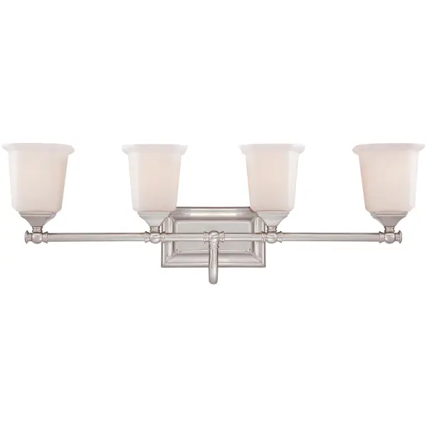 This gleaming collection gives a solid nod to mid century style. The squared shape of the opal etched glass shades gives this design an edge  and it is complemented beautifully by the rectangular backplate.All Nicholas bath fixtures can be mounted as uplights or downlights and are available in several sizes.