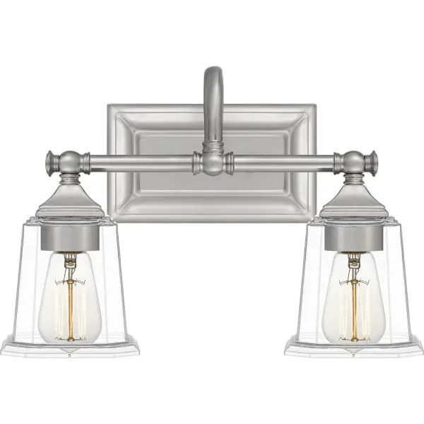 The Nicholas collection gives a solid nod to mid century style. The streamlined silhouette is finished in Brushed Nickel, Polished Chrome, or Earth Black to compliment a variety of home styles.  The tapered square glass shades gives this design an edge and it is complemented beautifully by the rectangular backplate. All bath fixtures can be mounted as uplights or downlights and are offered in several sizes.