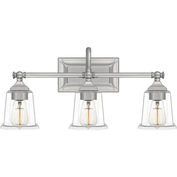 The Nicholas collection gives a solid nod to mid century style. The streamlined silhouette is finished in Brushed Nickel, Polished Chrome, or Earth Black to compliment a variety of home styles.  The tapered square glass shades gives this design an edge and it is complemented beautifully by the rectangular backplate. All bath fixtures can be mounted as uplights or downlights and are offered in several sizes.