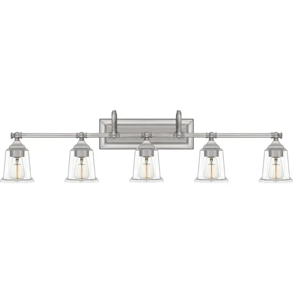 The Nicholas collection gives a solid nod to mid century style. The streamlined silhouette is finished in Brushed Nickel, Polished Chrome, or Earth Black to compliment a variety of home styles. The tapered square glass shades gives this design an edge and it is complemented beautifully by the rectangular backplate. All bath fixtures can be mounted as uplights or downlights and are offered in several sizes. Collection: Nicholas Rooms: Bathroom Finish: Brushed Nickel Glass: Clear Glass Width: 41.75" Height: 10.75" Length: 7.00" Weight: 9.50 lb Extension from Wall: 7.00" Wire: 6" Canopy: 14.000"x4.500" Number of Bulbs: 5 Maximum Wattage: 100.00 W Bulb Type: E26 Bulb Base: Medium Voltage: 120.00 V Material: Steel Country of Origin: China Safety Listing: ETL Safety Rating: ETL Switch: None Connection: Hardwire Spec Sheet Instructions Parts Diagram