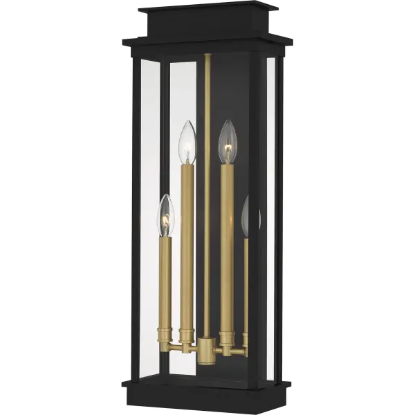 Inspired by traditional lanterns, Noelle adds a new twist to a classic design. The slender silhouette is crafted from weather-resistant aluminum and finished in a sophisticated matte black. Clear glass panels showcase the gold candle sleeves, adding a touch of elegance and timeless style. The backplate features three mounting points, allowing you to customize the installation height in any front door or porch setting.