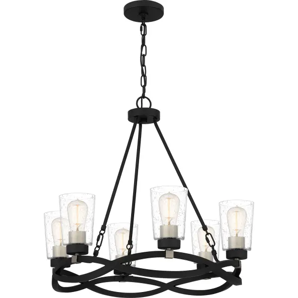 Available as an island light or chandelier, Overlook features a pretty, plaited wreath base rendered in earth black. Seeded glass shades scatter light throughout a dining or kitchen space. The Overlook light features nods to traditional design cues: a classic and timeless selection.