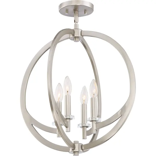 The minimal details and streamlined design make a huge impact with the Orion Collection. The planetary shape of the fixture is finished in a lustrous Brushed Nickel or Western Bronze and the crystal-clear glass candle holders accent the piece beautifully.