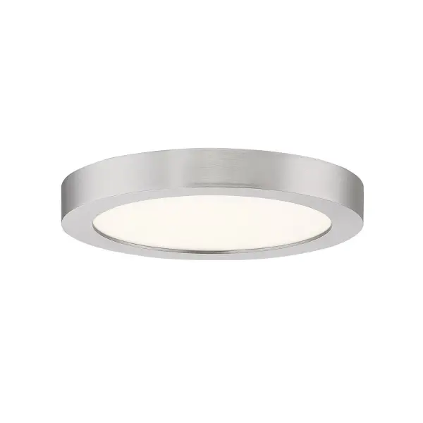 Available in four finishes and four sizes, the Outskirts flush mount is suited for a variety of room applications. In your choice of Earth Black, Brushed Nickel, White or Oil-rubbed Bronze, it is featured in sizes of 7.5", 11", 15", or 20". The white acrylic shade is illuminated with integrated LED technology and the thick canopy adds depth to the simple structure. Collection: Outskirts Rooms: Hallway Finish: Brushed Nickel Glass: White Acrylic Width: 7.50" Height: 1.00" Length: 7.50" Weight: 1.20 lb Extension from Wall: 7.50" Wire: 6" Canopy: 5.00``W X 5.00``L Bulbs Included Maximum Wattage: 12.00 W Bulb Type: LED Bulb Base: Integrated Light Source: LED Light Output: 1200.00 lm Color Temperature: 3000 K CRI: 90 Dimmable Voltage: 120.00 V Material: Aluminum Safety Listing: ETL Safety Rating: ETL Switch: None Title 24 LED Spec Sheet Instructions Parts Diagram