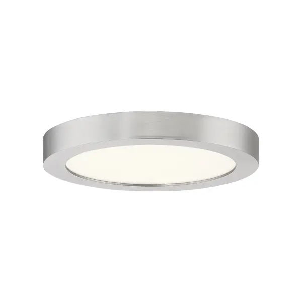 Available in four finishes and four sizes, the Outskirts flush mount is suited for a variety of room applications. In your choice of Earth Black, Brushed Nickel, White or Oil-rubbed Bronze, it is featured in sizes of 7.5”, 11”, 15”, or 20". The white acrylic shade is illuminated with integrated LED technology and the thick canopy adds depth to the simple structure.