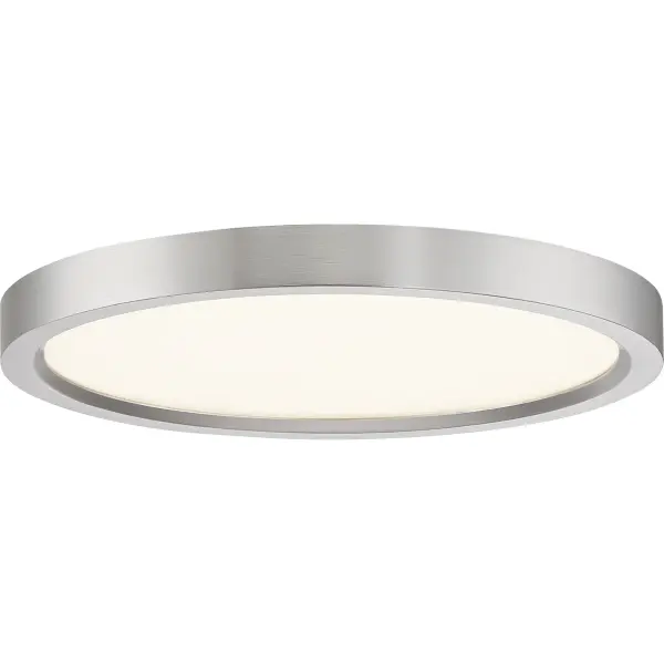 Available in four finishes and four sizes, the Outskirts flush mount is suited for a variety of room applications.  In your choice of Earth Black, Brushed Nickel, White or Oil-rubbed Bronze, it is featured in sizes of 7.5”, 11”, 15”, or 20".  The white acrylic shade is illuminated with integrated LED technology and the thick canopy adds depth to the simple structure.
