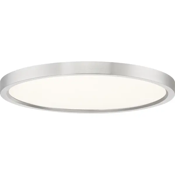 Available in four finishes and four sizes, the Outskirts flush mount is suited for a variety of room applications.  In your choice of Earth Black, Brushed Nickel, White or Oil-rubbed Bronze, it is featured in sizes of 7.5”, 11”, 15”, or 20".  The white acrylic shade is illuminated with integrated LED technology and the thick canopy adds depth to the simple structure.