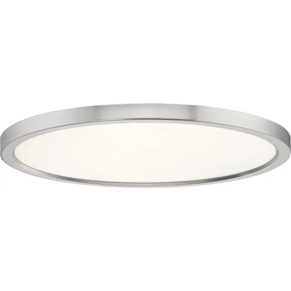 Available in four finishes and four sizes, the Outskirts flush mount is suited for a variety of room applications.  In your choice of Earth Black, Brushed Nickel, White or Oil-rubbed Bronze, it is featured in sizes of 7.5”, 11”, 15”, or 20".  The white acrylic shade is illuminated with integrated LED technology and the thick canopy adds depth to the simple structure.