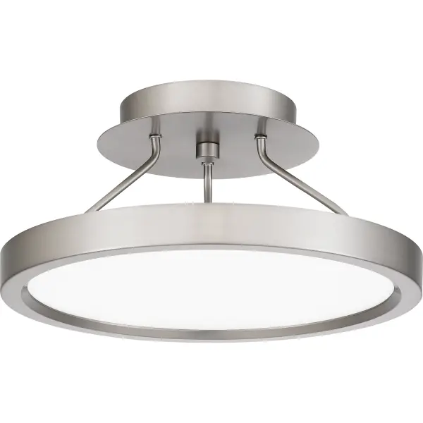 Outskirts is as stylish as it is functional. The contemporary semi-flush mount light is available in a variety of sizes, and in either a brushed nickel or matte black finish. An integrated LED light source shines through a round white acrylic shade, giving off the perfect amount of light for any indoor setting.