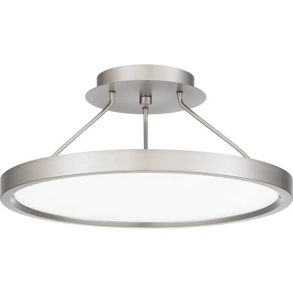 Outskirts is as stylish as it is functional. The contemporary semi-flush mount light is available in a variety of sizes, and in either a brushed nickel or matte black finish. An integrated LED light source shines through a round white acrylic shade, giving off the perfect amount of light for any indoor setting.