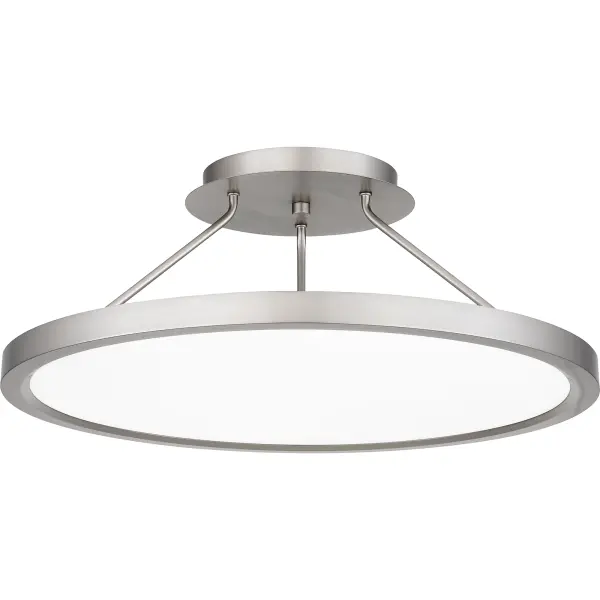 Outskirts is as stylish as it is functional. The contemporary semi-flush mount light is available in a variety of sizes, and in either a brushed nickel or matte black finish. An integrated LED light source shines through a round white acrylic shade, giving off the perfect amount of light for any indoor setting.