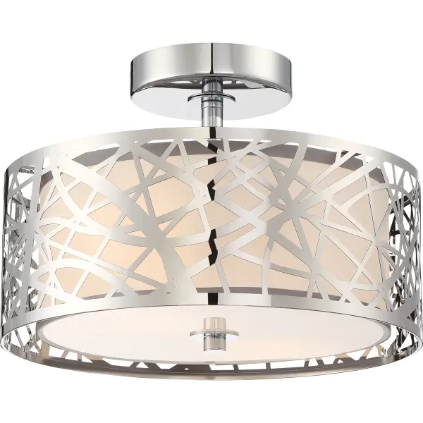 Contemporary, diverse and sharp are what makes the Platinum Collection's Abode series a hit.  The dual shades are combined to create a cohesive look with clear organza trimmed in grey under a laser cut metal shade with an intriguing, unique design.  The sleek polished chrome finish completes the look.
