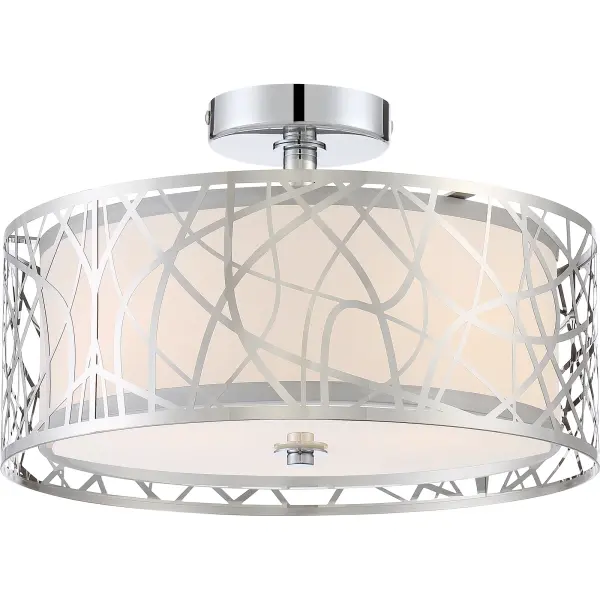 Contemporary, diverse and sharp are what makes the Platinum Collection's Abode series a hit.  The dual shades are combined to create a cohesive look with clear organza trimmed in grey under a laser cut metal shade with an intriguing, unique design.  The sleek polished chrome finish completes the look.