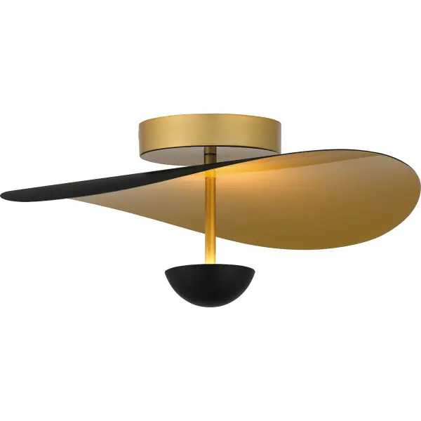 A black and gold pairing creates a fun and playful contrast in Azure. The funky, geometric shape features matte black with light gold accents and is brought to life by an integrated LED light source. Part of the popular Platinum by Quoizel collection, Azure's unique design lends itself perfectly to modern style decor. Azure is available as a semi-flush mount or pendant light.