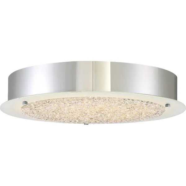 A simple yet stunning flush mount, the Blaze series is modern and sleek.  The shimmering crystals “float” on a disk on glass that is frosted on the perimeter to enhance the striking design.  The Polished Chrome finish on the base and accents add the perfect finishing touch.