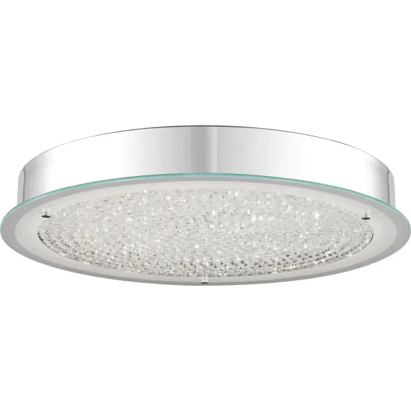 A simple yet stunning flush mount, the Blaze series is modern and sleek. The shimmering crystals “float” on a disk on glass that is frosted on the perimeter to enhance the striking design. The Polished Chrome finish on the base and accents add the perfect finishing touch.