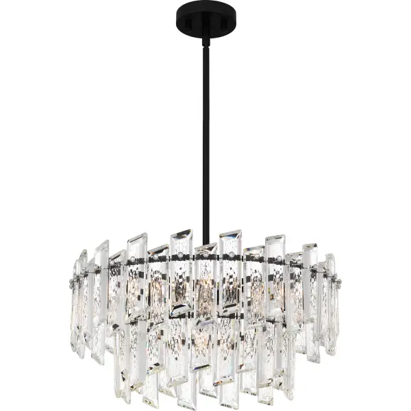 Staggering panels of clear crystal glass add high drama to Dion. Finished in matte black, this luxurious pendant light sparkles from every angle. Dion's simple drum silhouette highlights modern glam style, making it the perfect addition in any home office, kitchen, entryway, bedroom, or living room.