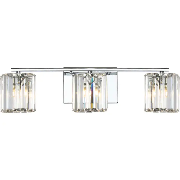 The Divine Collection is exquisite sophistication, a true statement of the Platinum Collection by Quoizel.  The simple backplate gleams in Polished Chrome and reflects every cut and sparkle of the crystal-glass.  The refractive glass is arranged in slats pinned top and bottom to form a shade around the LED bulb.