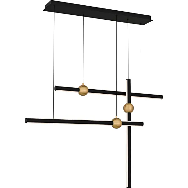 Elevate your modern space with the Harvick linear island light. This striking fixture is designed to make a bold statement with its contemporary style and geometric silhouette. Featuring a sleek matte black finish, the Harvick light is accented with sophisticated gold ball details that add a touch of luxury. The integrated LED light source provides efficient and bright illumination, perfect for illuminating countertops, islands, or dining areas. For added versatility, the cord heights are adjustable, allowing you to customize the fixture’s position to suit your space.