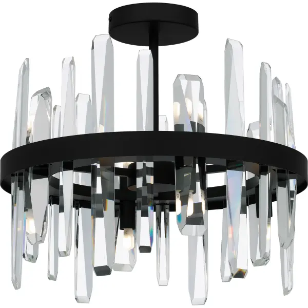 Matte black and clear glass make an elegant pairing in Regal, a collection worthy of a king or queen. Available as a semi-flush mount, linear island light, or pendant light, Regal features sparkling clear glass crystals that add instant luxury to any room. Part of the popular Platinum by Quoizel collection, Regal is the perfect complement to glam, modern, or contemporary spaces.